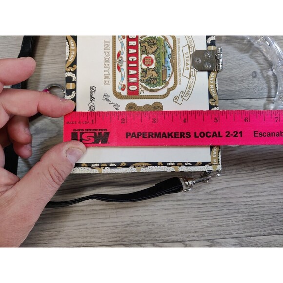 Cigar Box Purse Adorable Kitten's Design Silver Trim Sequins Checker Interior - Picture 16 of 16